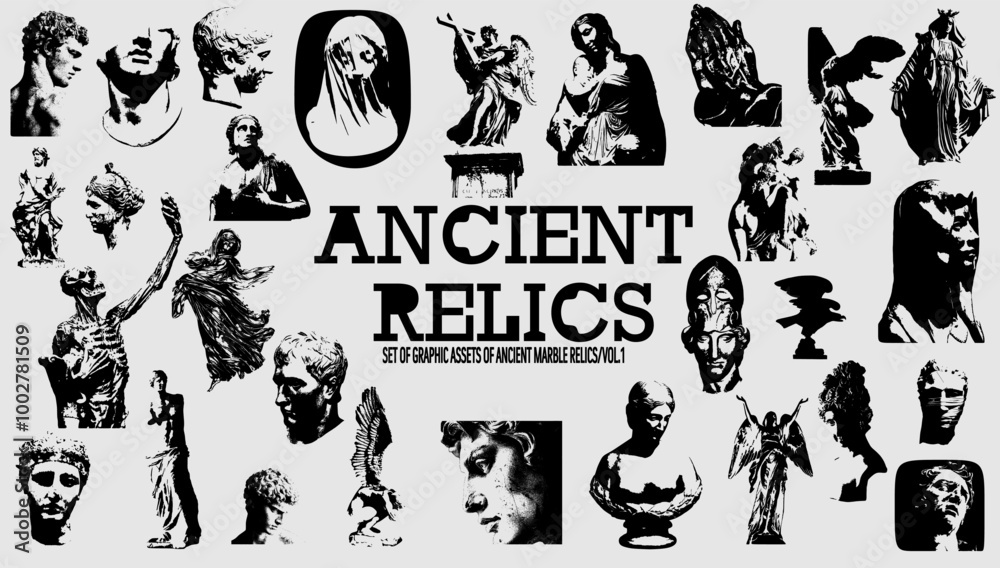Ancient Relics a set of graphic resources. Photocopy, halftone effect for grunge, punk, y2k, pulp, pop collage, poster, tshirt design. Vector illustration with elements on separate background.
Ancient Relics a set of graphic resources. Photocopy, halftone effect for grunge, punk, y2k, pulp, pop collage, poster, tshirt design. Vector illustration with elements on separate background.