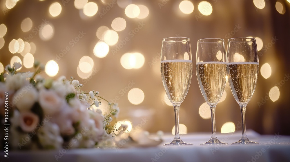 Champagne glasses on a decorated wedding table, soft lighting, with space for a message or branding Champagne glasses on a decorated wedding table, soft lighting, with space for a message or branding