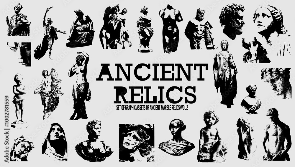Naklejka premium Ancient Relics a set of graphic resources. Photocopy, halftone effect for grunge, punk, y2k, pulp, pop collage, poster, tshirt design. Vector illustration with elements on separate background.