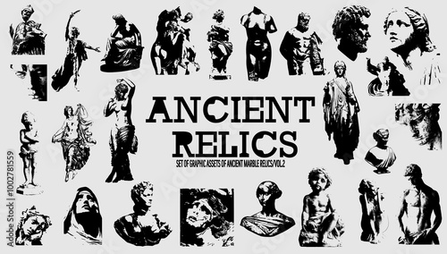 Ancient Relics a set of graphic resources. Photocopy, halftone effect for grunge, punk, y2k, pulp, pop collage, poster, tshirt design. Vector illustration with elements on separate background.
