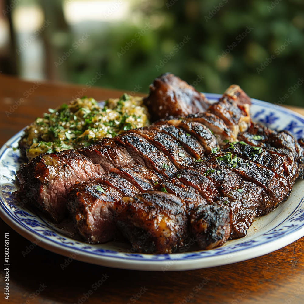 Churrasco on plate isolated on table Churrasco on plate isolated on table