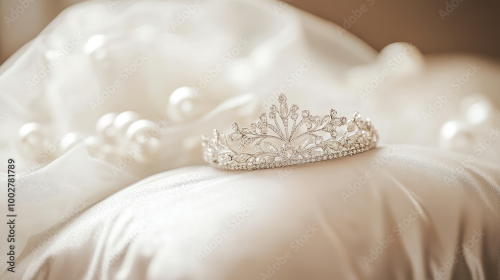 Close-up of a delicate bridal tiara placed on a satin cushion, space for a message Close-up of a delicate bridal tiara placed on a satin cushion, space for a message