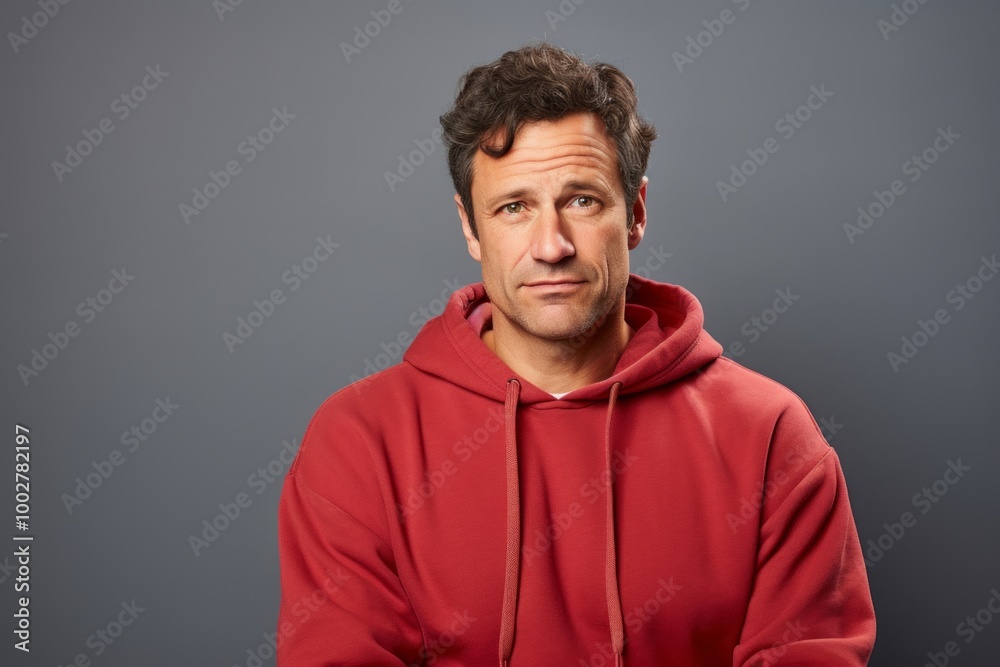Obraz premium Portrait of a merry man in his 40s dressed in a comfy fleece pullover isolated in blank studio backdrop