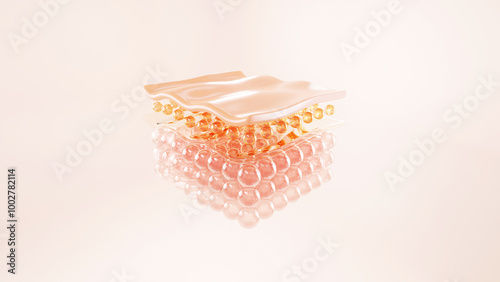 collagen and vitamin under skin cell. serum through the skin layer and reduce up saggy skin of the skin cell. 3d rendering.	