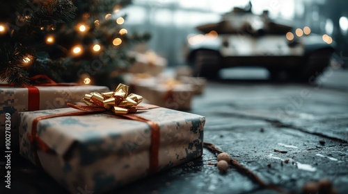 A Christmas gift is positioned on a snowy backdrop, with a blurred military tank seen in the distance, capturing a powerful juxtaposition of elements. photo