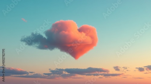 A pastel-colored sky at dusk with a single, large cloud in the shape of a heart balloon