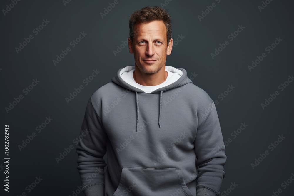 Portrait of a merry man in his 40s dressed in a comfy fleece pullover isolated on blank studio backdrop Portrait of a merry man in his 40s dressed in a comfy fleece pullover isolated on blank studio backdrop