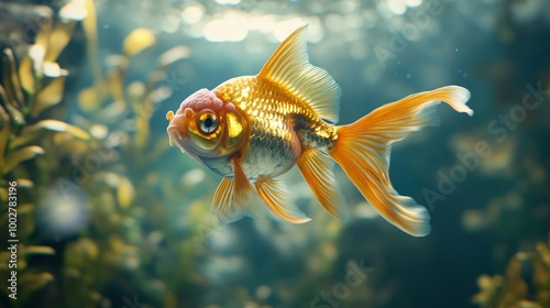 A close-up of a goldfish with flowing fins, gently gliding through a peaceful aquarium environment