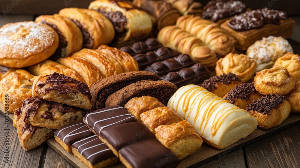 A variety of chocolate pastries arranged on a wooden tray, including croissants, buns, and filled pastries A variety of chocolate pastries arranged on a wooden tray, including croissants, buns, and filled pastries