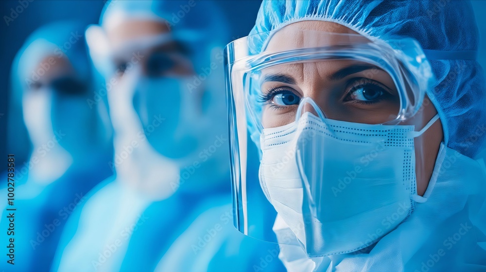 A woman wearing a protective suit and face shield in a hospital setting A woman wearing a protective suit and face shield in a hospital setting