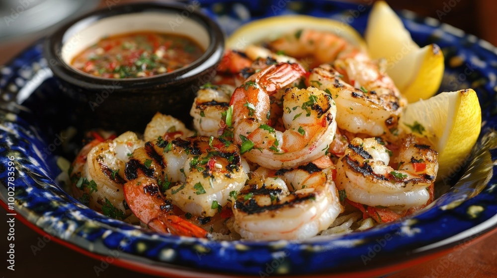 A beautifully arranged plate of freshly grilled shrimp, glistening with a light glaze, served with lemon wedges and a spicy dipping sauce, showcasing the vibrant colors of the dish