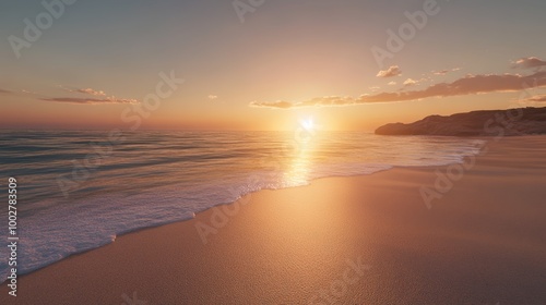 A pristine beach at golden hour, the sun dipping below the horizon