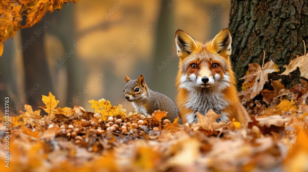 Fox and Squirrel in Autumn Leaves Fox and Squirrel in Autumn Leaves