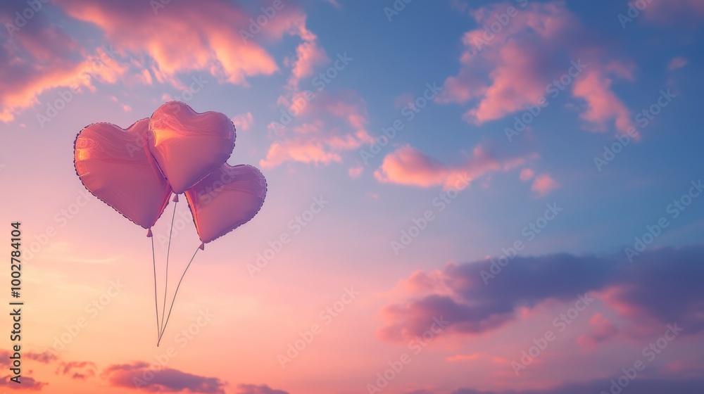 Fototapeta premium A romantic twilight sky with a few clouds shaped like intertwined hearts, glowing softly in pink and lavender hues