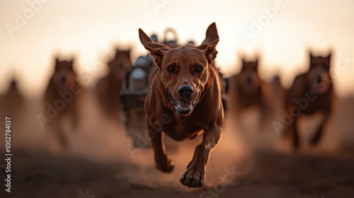 A dog is captured in an intense dash at sunset, leading a supply-laden cart, encapsulating the force of will and steadfastness in an action-packed moment. photo