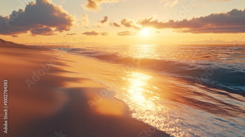 A serene beach at sunset, golden light reflecting on the sand and water