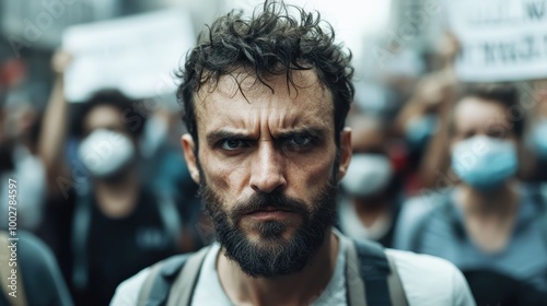 A determined protester stands at the forefront of a large, bustling crowd during a demonstration, capturing the essence of passion and activism in their focused expression.