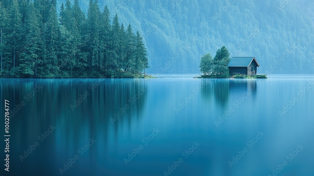 Fototapeta premium A tranquil lake with a holiday cabin in the distance, no people, and room for text
