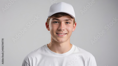 Teenage boy wearing white t-shirt and white baseball cap isolated on grey background