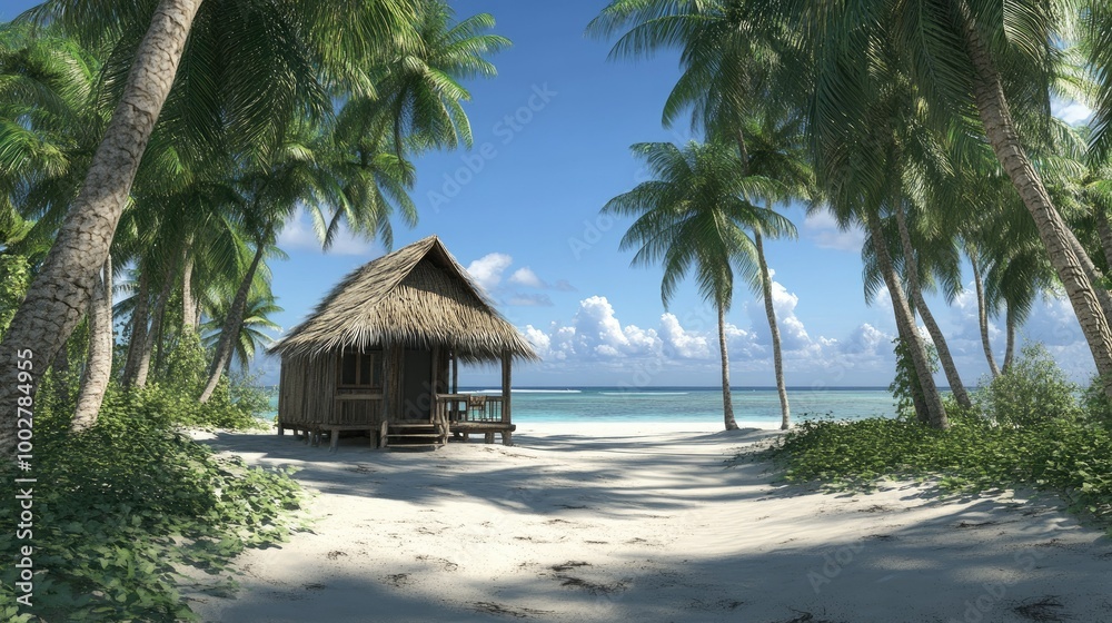Fototapeta premium A tropical beach hut under the palm trees, no people, and wide space for copy