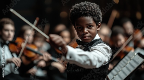 A young boy with intent focus expertly conducts an orchestra, showcasing determination, passion, and poise, embodying youthful energy and musical acumen in symphony halls. photo