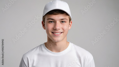 Teenage boy wearing white t-shirt and white baseball cap isolated on grey background