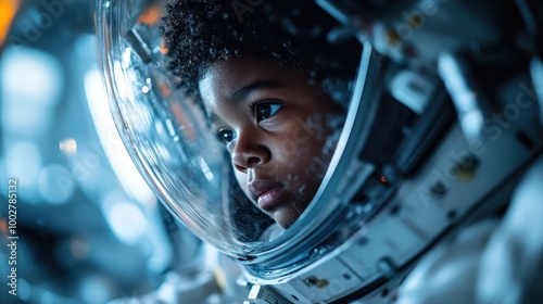 A young astronaut inside a cockpit peers through a helmet, his eyes reflecting a world of wonder and infinite possibilities, embodying the dream of space exploration. photo