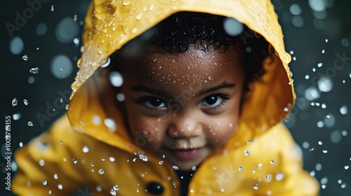 A smiling child with bright eyes wears a yellow raincoat, engaging with the rain joyfully, embodying playful spirit amidst a shower of droplets. photo