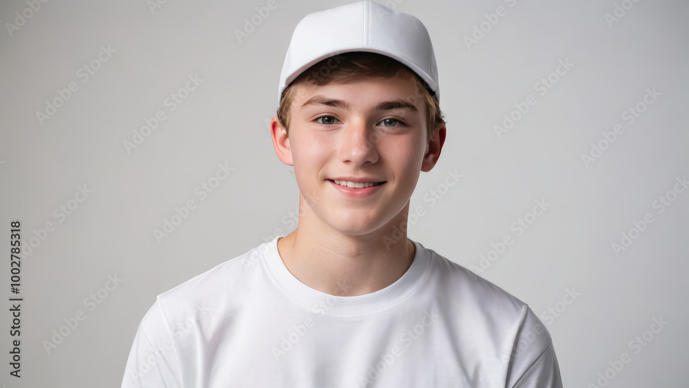 Teenage boy wearing white t-shirt and white baseball cap isolated on grey background Teenage boy wearing white t-shirt and white baseball cap isolated on grey background
