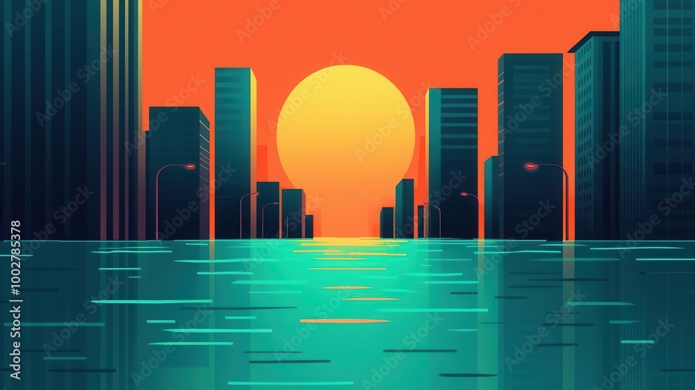 Fototapeta premium City streets turning into rivers during flash flood, streetlights and cars, flat design illustration