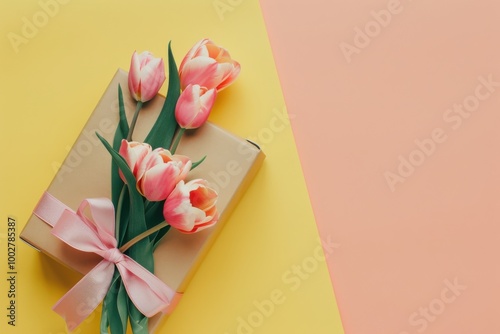 Elegant Gift Box with Pink Tulips and Ribbon on Yellow and Peach Background: Pastel Spring Celebration