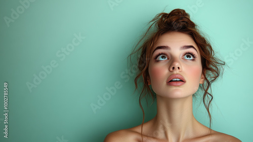 woman looking up in amazement, A young woman gazes thoughtfully upwards against a calming mint green backdrop, embodying curiosity and contemplation.