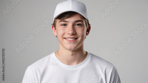 Teenage boy wearing white t-shirt and white baseball cap isolated on grey background