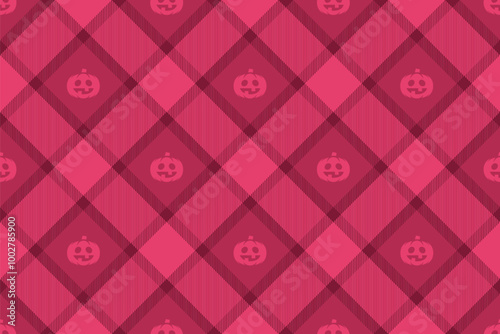 Halloween vector pattern with plaid stripes and pumpkins, spooky ghosts, and scary ornaments. Ideal for autumn background, textile, fabric, party decor, greeting cards, posters, or tiled wallpaper.
