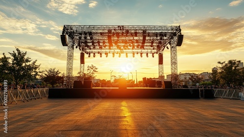 An outdoor concert stage set up at sunset, no audience, ample copy space for branding