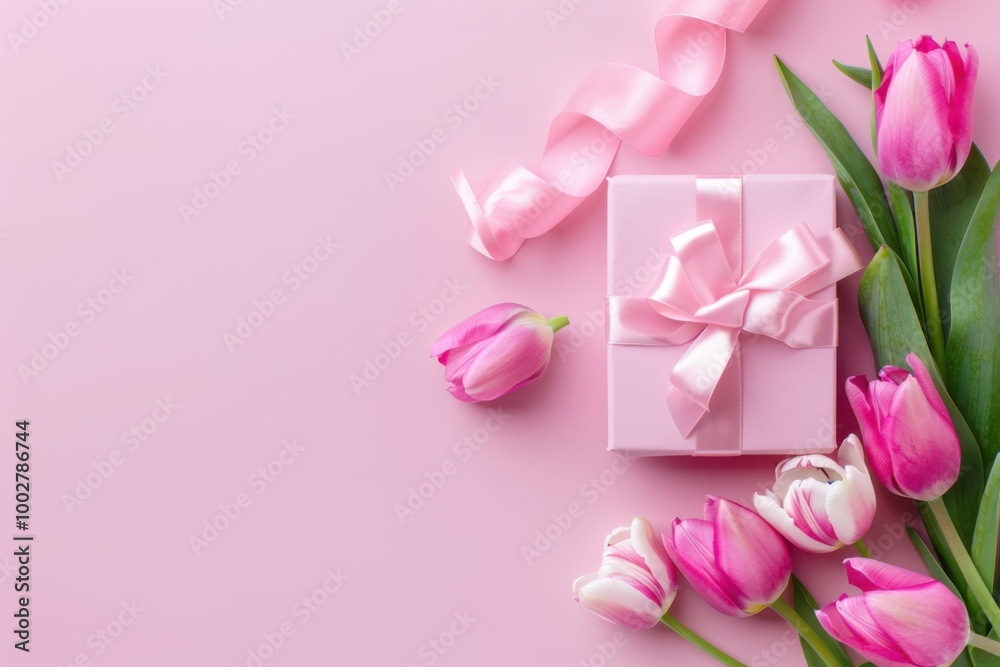 Pink Gift Box with Tulips on Pastel Background: Elegant Floral Arrangement for Spring Celebrations Pink Gift Box with Tulips on Pastel Background: Elegant Floral Arrangement for Spring Celebrations