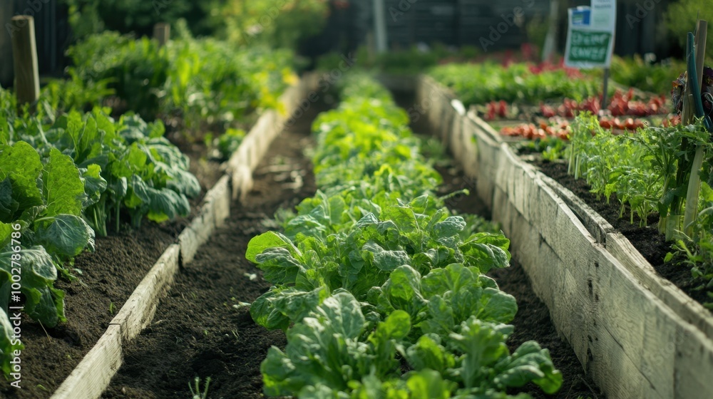 Rows of fresh vegetables growing in a community garden, with signage promoting local sustainability initiatives Rows of fresh vegetables growing in a community garden, with signage promoting local sustainability initiatives