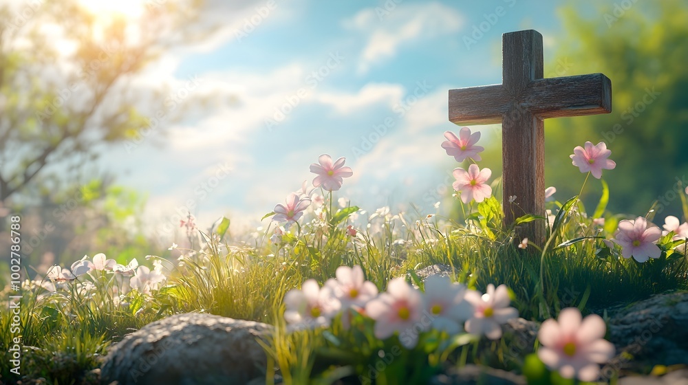 Peaceful Religious Easter Day Scene with a Cross and Blooming Flowers Symbolizing Resurrection Faith and Spirituality in a Serene Natural Environment Peaceful Religious Easter Day Scene with a Cross and Blooming Flowers Symbolizing Resurrection Faith and Spirituality in a Serene Natural Environment