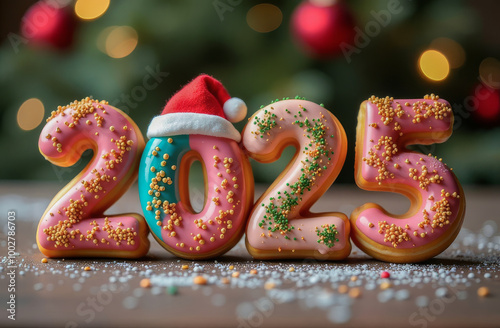 Colorful decorated donuts shaped as the year 2025 with a festive Santa hat, set against a holiday background with Christmas decorations. photo