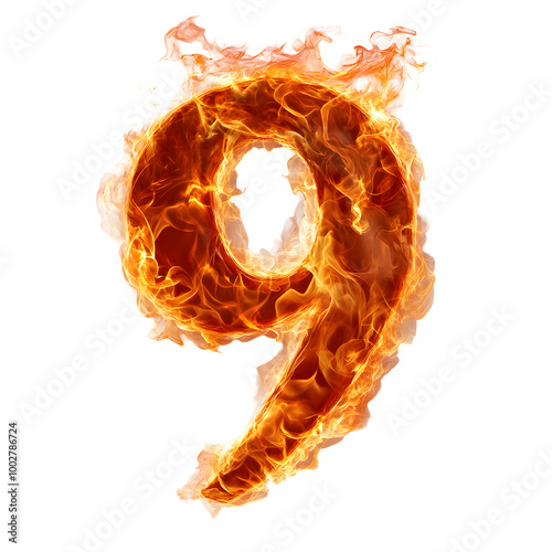 Fiery number 9 in flames,captivating energy and intensity of burning fire,representing concepts like destruction,danger,chaos,climate change,global warming,and the raw power of nature.