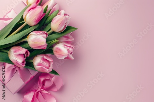 Pink Gift Box with Tulips on Pastel Background: Elegant Floral Arrangement for Spring Celebrations