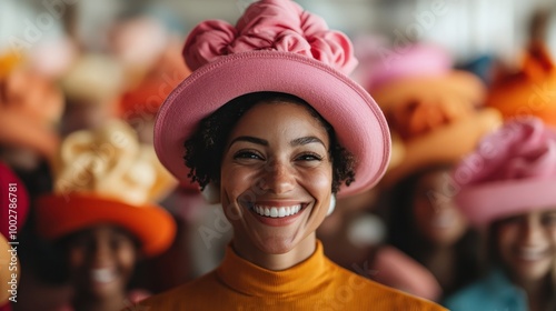 A smiling woman in a pink hat, part of a colorful festivity, surrounded by joyful people, epitomizing happiness, celebration, and cultural togetherness.