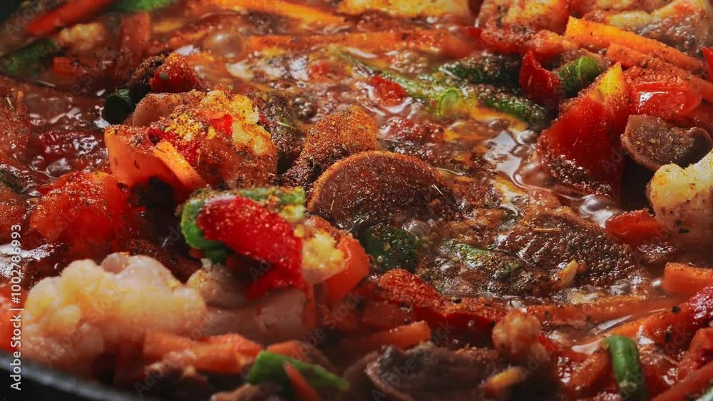 Vegetables are stewed in meat broth in spices and bubble on the fire. Medium shot. Vegetables are stewed in meat broth in spices and bubble on the fire. Medium shot.