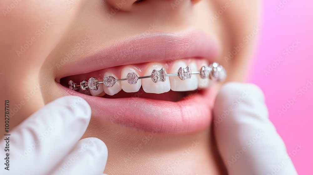 Fototapeta premium Close-up of a smiling person with braces, showcasing dental work with a pink background