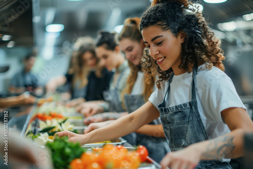 Students in a culinary class cooking together, friends cooking dinner, education in culinary arts