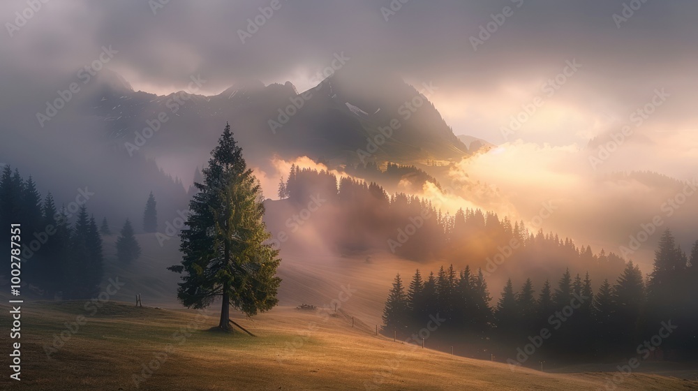 Misty Mountain Sunrise with a Lone Pine Misty Mountain Sunrise with a Lone Pine