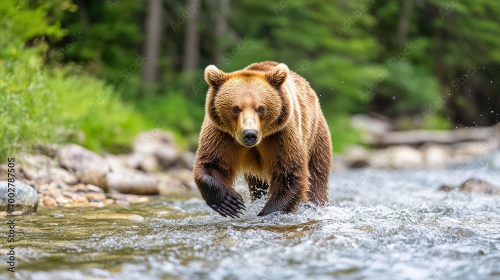 Obraz premium Grizzly Bear Running through River in Nature Scene