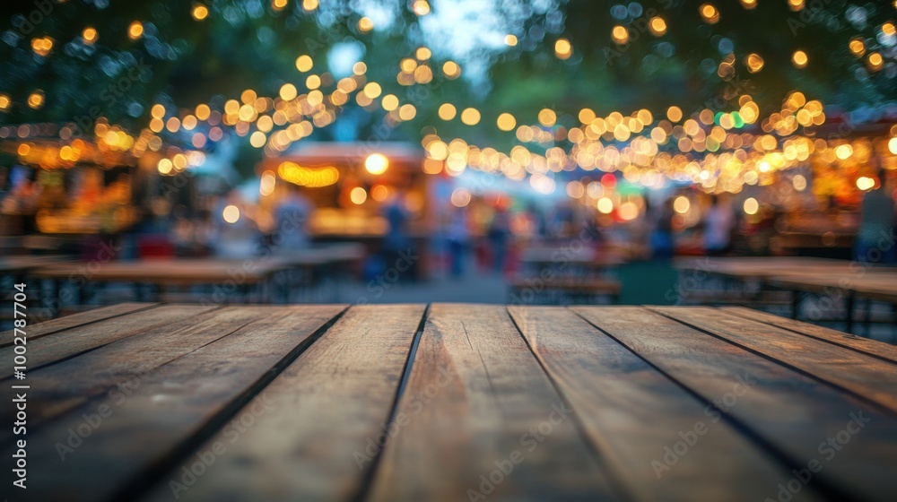 Rustic wooden tables set up at an outdoor food truck festival, with a vibrant and blurred background of lights and food stands. Rustic wooden tables set up at an outdoor food truck festival, with a vibrant and blurred background of lights and food stands.