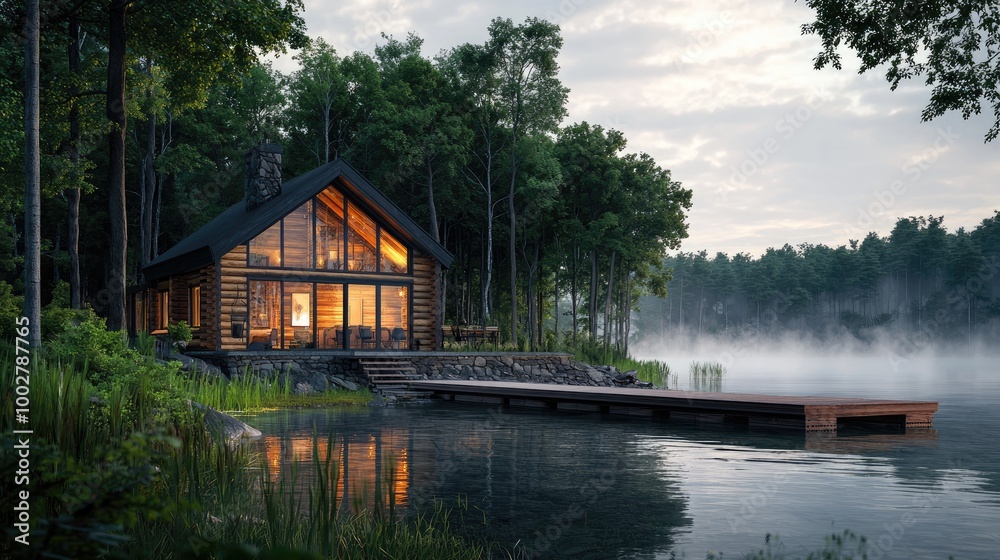 Obraz premium A cozy lakefront cabin with rustic wooden logs, large glass windows reflecting the calm water, and a wooden dock stretching into the crystal-clear lake.