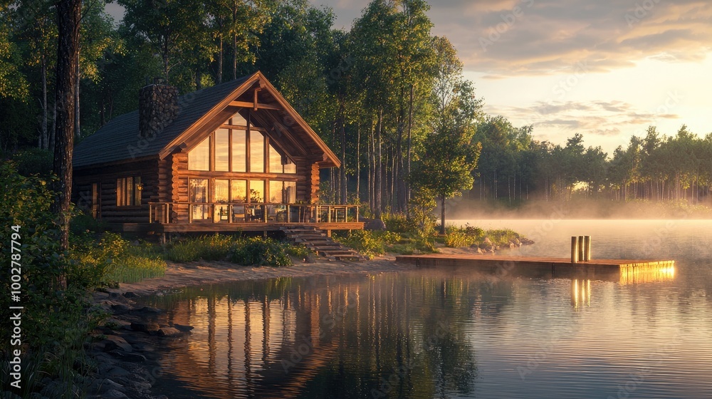 Obraz premium A cozy lakefront cabin with rustic wooden logs, large glass windows reflecting the calm water, and a wooden dock stretching into the crystal-clear lake. 